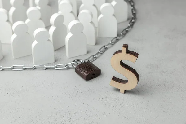 Crowd of people behind the chain with lock and dollar money symbol. The concept of financial constraints