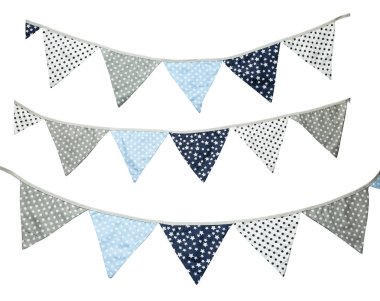 Şenlikli tatil bayrakları gri ve mavi polka noktaları. Beyaz arka planda yalıtılmış