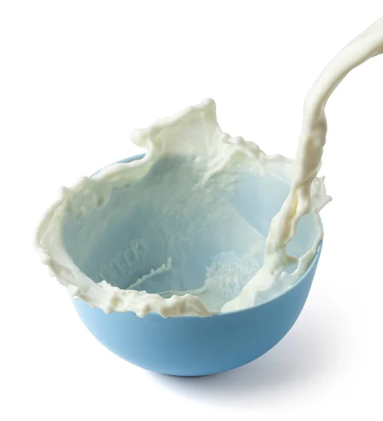 Blue plate with milk splash isolated on white background. — Stock Photo, Image