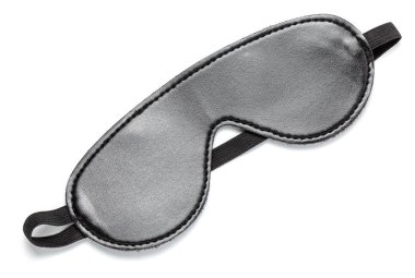 Siyah derili uyku maskesi. Seks oyunları için göz bandı. Beyaz arka planda yalıtılmış