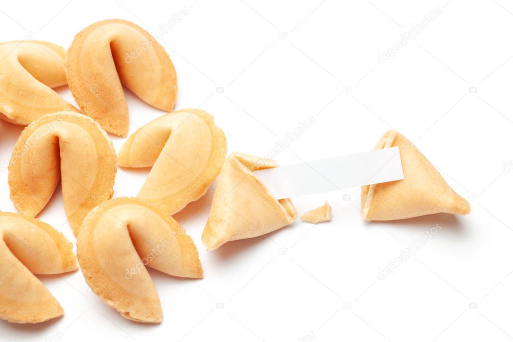 Chinese fortune cookies. Cookies with empty blank inside for prediction words. Isolated on white background.