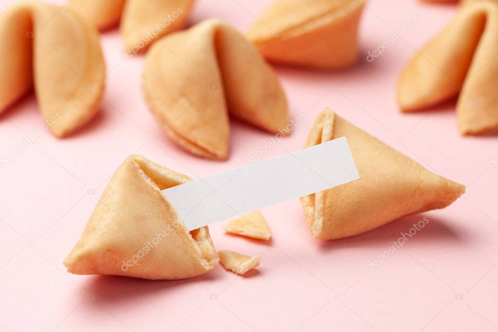 Chinese fortune cookies. Cookies with empty blank inside for prediction words. Pink background.