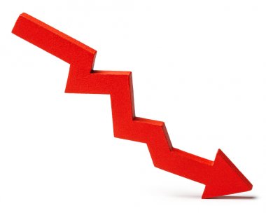 Beyaz arka planda yalıtılmış kırmızı aşağı ok içeren grafik. İş dünyasında düşen büyüme.
