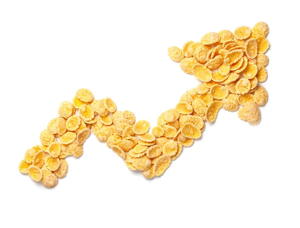Żółte płatki kukurydzy symbol strzałki w górę izolowane na białym tle — Zdjęcie stockowe