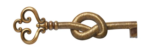 Una vieja llave atada al nudo. El concepto de acceso cerrado, prohibición, contraseña secreta, protección contra la piratería. Aislado sobre fondo blanco — Foto de Stock