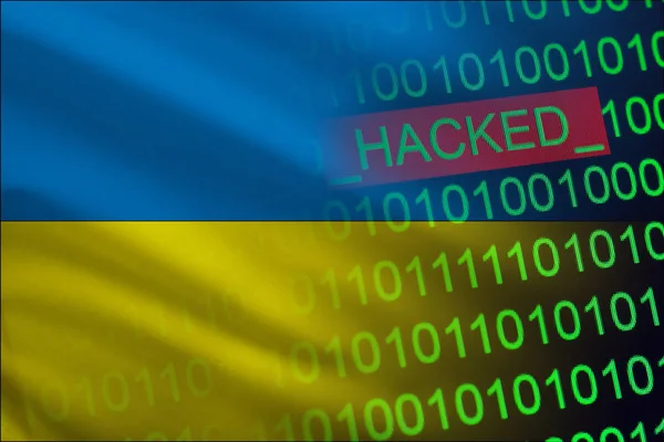 Ukraine hacked state security. Cyberattack on the financial and banking structure. Theft of secret information. On a background of a flag the binary code.
