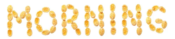 Cornflakes amarelo letra M isolado sobre fundo branco. Flocos de cereais alfabetos . — Fotografia de Stock