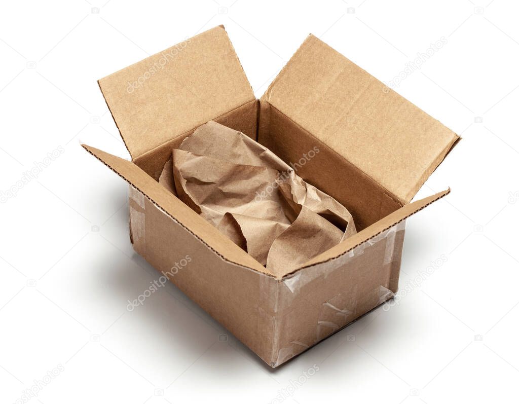 Open cardboard box with wrapping paper inside. Isolated on a white background. mock-up.