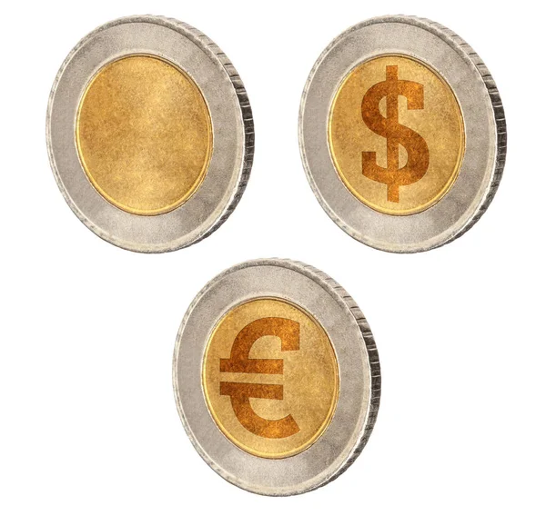 Empty coin template. Coin with a dollar and euro sign on a white background — Stock Photo, Image