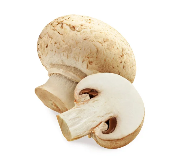 Два свежих шампиньона грибов, один цельный, а другой наполовину изолированный — стоковое фото