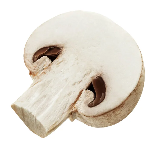 Un champiñón champiñón fresco cortado por la mitad aislado sobre fondo blanco con camino de recorte — Foto de Stock
