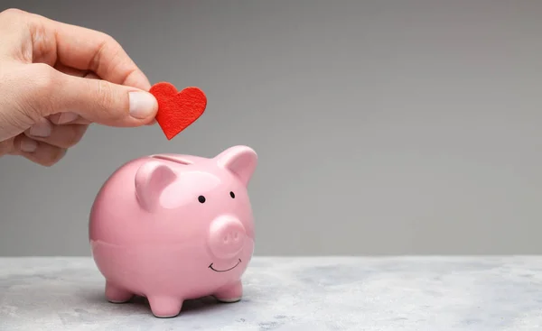 Spender. Ein Mann hält ein rotes Herz in der Hand und geht als Spende zum Sparschwein. Grauer Hintergrund — Stockfoto