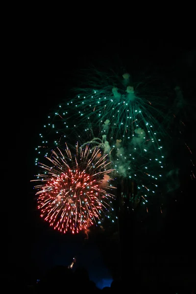 Multidão Assistindo Fogos Artifício Comemorando Belos Fogos Artifício Iluminar Céu — Fotografia de Stock