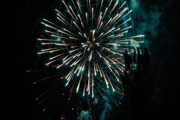 Multidão Assistindo Fogos Artifício Comemorando Belos Fogos Artifício Iluminar Céu — Fotografia de Stock