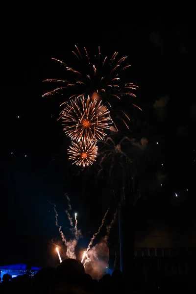 Multidão Assistindo Fogos Artifício Comemorando Belos Fogos Artifício Iluminar Céu — Fotografia de Stock