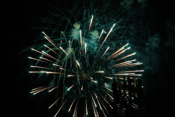 Multidão Assistindo Fogos Artifício Comemorando Belos Fogos Artifício Iluminar Céu — Fotografia de Stock