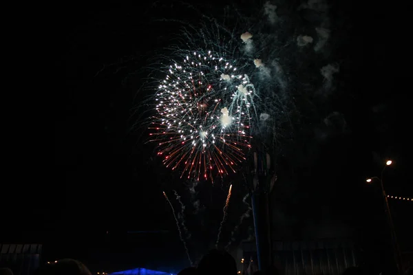 観客は花火を見て祝う 空を照らす美しい花火 新年のお祝い花火 — ストック写真