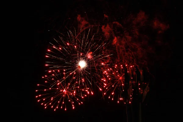 Multidão Assistindo Fogos Artifício Comemorando Belos Fogos Artifício Iluminar Céu — Fotografia de Stock