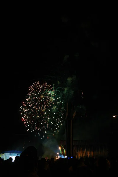 Menge Sieht Feuerwerk Und Feiern Schönes Feuerwerk Erhellt Den Himmel — Stockfoto