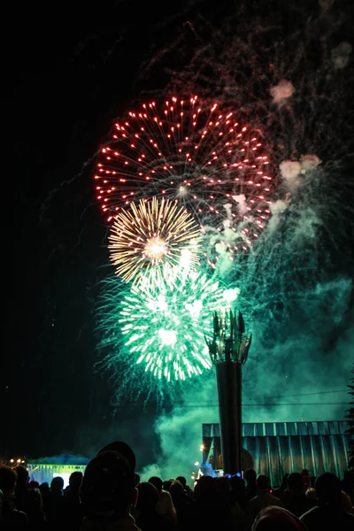 観客は花火を見て祝う 空を照らす美しい花火 新年のお祝い花火 — ストック写真