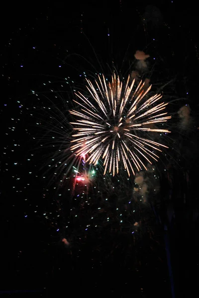 Multidão Assistindo Fogos Artifício Comemorando Belos Fogos Artifício Iluminar Céu — Fotografia de Stock