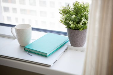Beyaz kupa, mavi günlük ve defter. Hafif çalışma sabahı