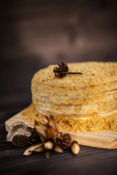 Gâteau Miel Fait Maison Décoré Fleurs Bois Doré Sur Fond — Photo