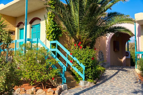 Casa Amarela Grega Com Elementos Madeira Azul Plantas Quintal Frente — Fotografia de Stock