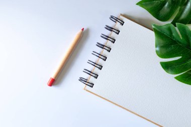 Not defteri ve kalem beyaz arka plan dekorasyon monstera ile yaprakları, kopya alanı