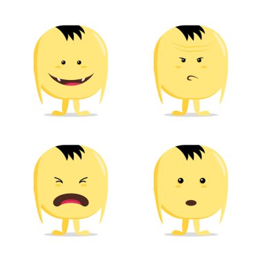 Komik karikatür sarı karakter kümesi, beyaz, vektör duygular çıkartmaları izole