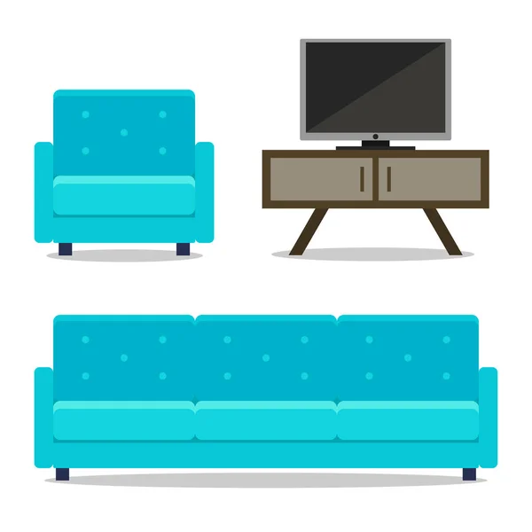 Інтер'єр домашні меблі, диван і крісло з телевізором для кімнати — стоковий вектор