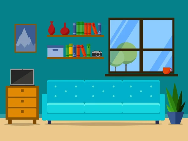Sala de estar retro plana com sofá, janela e estante. ilustração vetorial para web site, apresentação, infográfico . —  Vetores de Stock