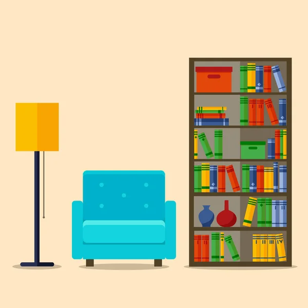 Книжкова шафа і крісло, інтер'єр Векторні ілюстрації для веб-сайту, друкувати, плакат, інфографіки. — стоковий вектор