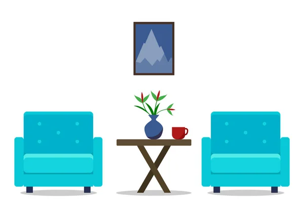 Salón Interior con sillones. Conjunto de muebles. Diseño del hogar. Ilustración plana moderna para sitio web, impresión, infografía . — Archivo Imágenes Vectoriales