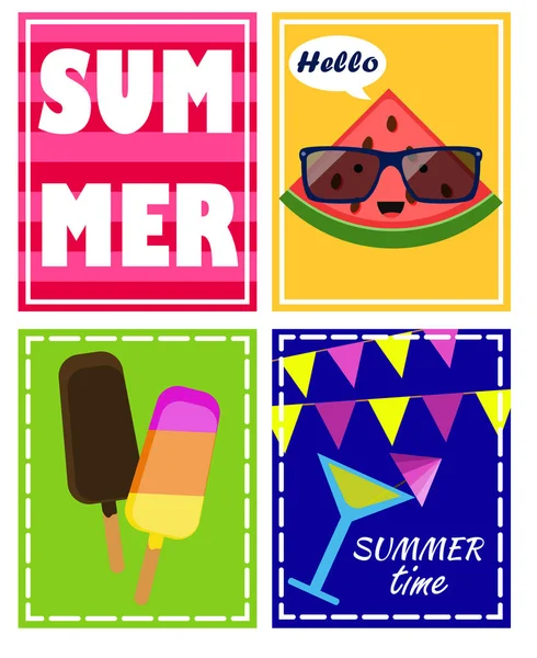 Conjunto de vectores, carteles de verano con helado, texto, sandía, empanada de verano, cóctel — Vector de stock