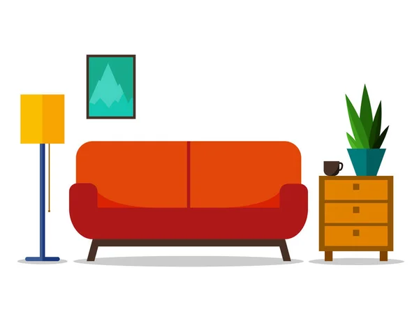 Interior del hogar con sofá. Para sitio web, impresión, póster, presentación, infografía. Ilustración vectorial plana — Vector de stock