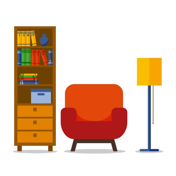 Книжкова шафа і крісло, інтер'єр Векторні ілюстрації для веб-сайту, друкувати, плакат, інфографіки. — стоковий вектор