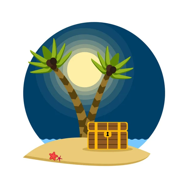 Piraten-Schatztruhe an einem tropischen Strand mit Palmen, Vektorillustration — Stockvektor
