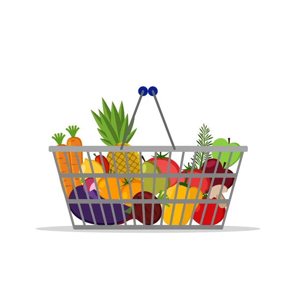 Farklı sağlıklı yiyecek dolu sepetle. Meyve ve sebze. Süpermarket alışveriş sepeti. Düz vektör simgesi. Kartı, web, simgeler, dükkanlar için