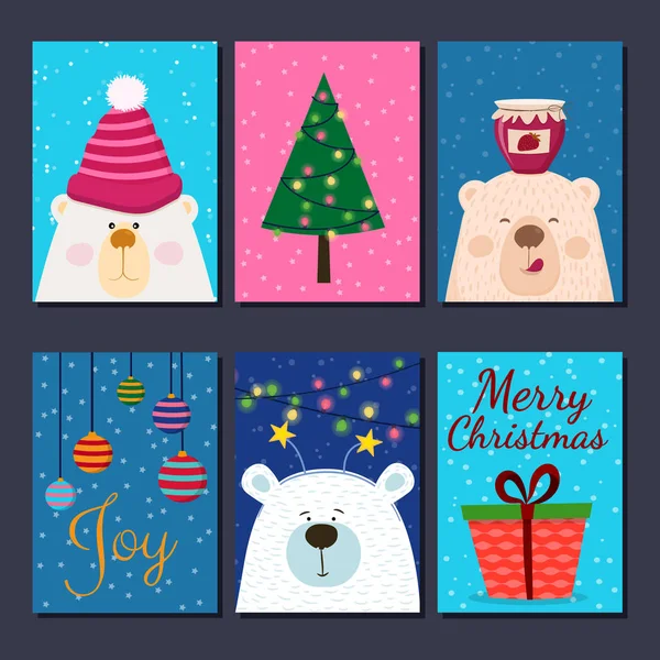 かわいいレトロな手モミ面白いクマの描かれたカード ツリー、プレゼント、ボール。年末年始、クリスマス、新年の. — ストックベクタ