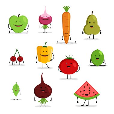 çizgi film meyve ve sebze, komik suratlar topluluğu.