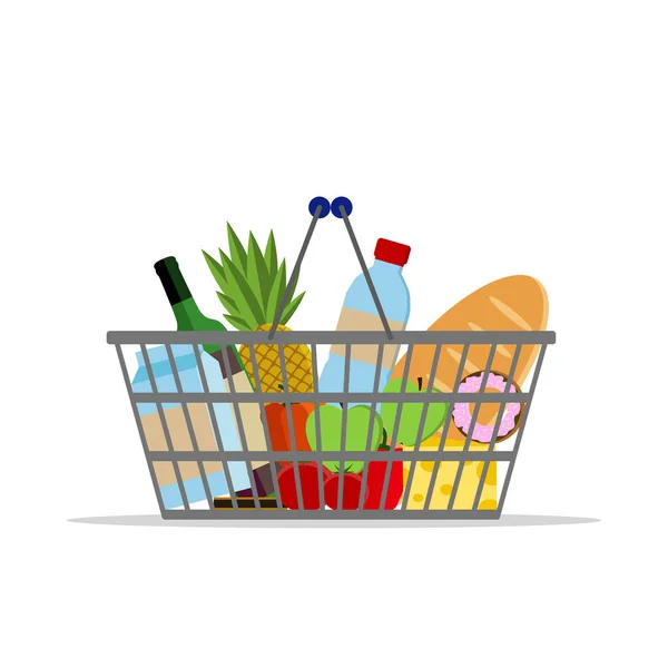 Farklı yiyecek dolu sepetle. Süpermarket alışveriş sepeti. Düz vektör simgesi. Kart, web