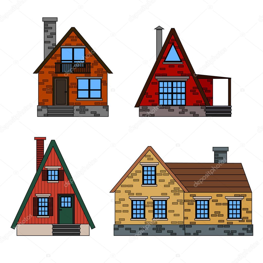 Residential houses icons in trending minimal flat style with lines. A line icon set of colorful houses, cartoon vector isolated icons