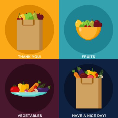 Besin Infographic öğeleri. Kağıt alışveriş çantası. Meyve ve sebze. Yemek için düz tasarım kavramı simgeler kümesi. Vektör çizim
