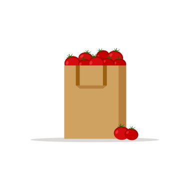 Kağıt torba, beyaz zemin üzerine kırmızı domates ile paket. Eko ürün. Vektör çizim renkli düz tasarım