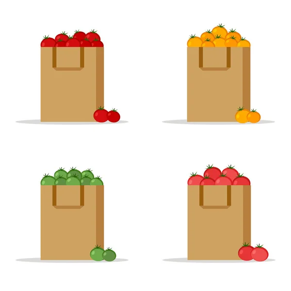 Set of paper bag,package with fresh red, yellow, green and pink tomatoes on a white background. Flat design colored vector illustration — Stock Vector