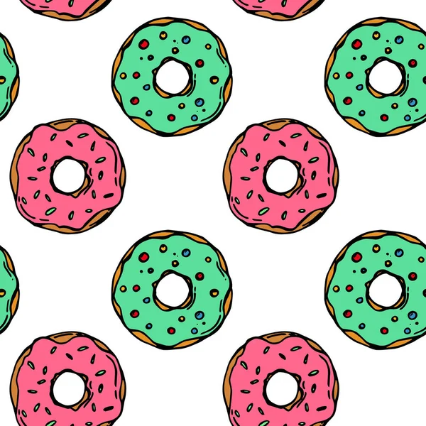 Handen Ritade Färgglada Donut Sömlösa Mönster Bakelse Illustration Vector Bageri — Stock vektor