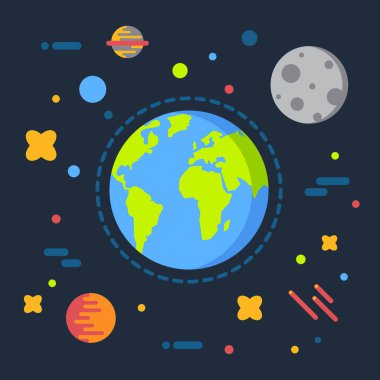 Dünya uzay vektör çizim, güneş sistemi evren, moon, başlar düz çizgi film tasarım