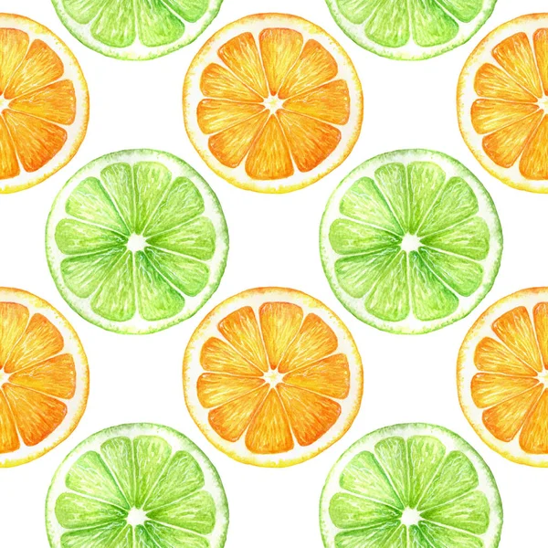 柑橘切片水果水彩手画图案。橙色, 柠檬, 石灰, 在白色背景下分离。邀请函, 贺卡, 墙纸, 横幅, 网页, 印刷品的设计 — 图库照片