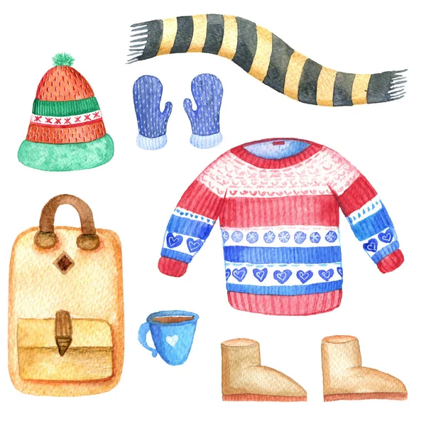 Σετ ακουαρέλα χειμώνα. Εικόνα ζωγραφισμένη στο χέρι. Ωτοασπίδες, καπέλο, γάντια. — Φωτογραφία Αρχείου